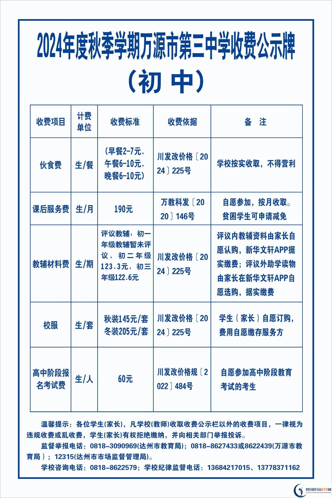 2026年達州市萬源市第三中學校學費多少錢？