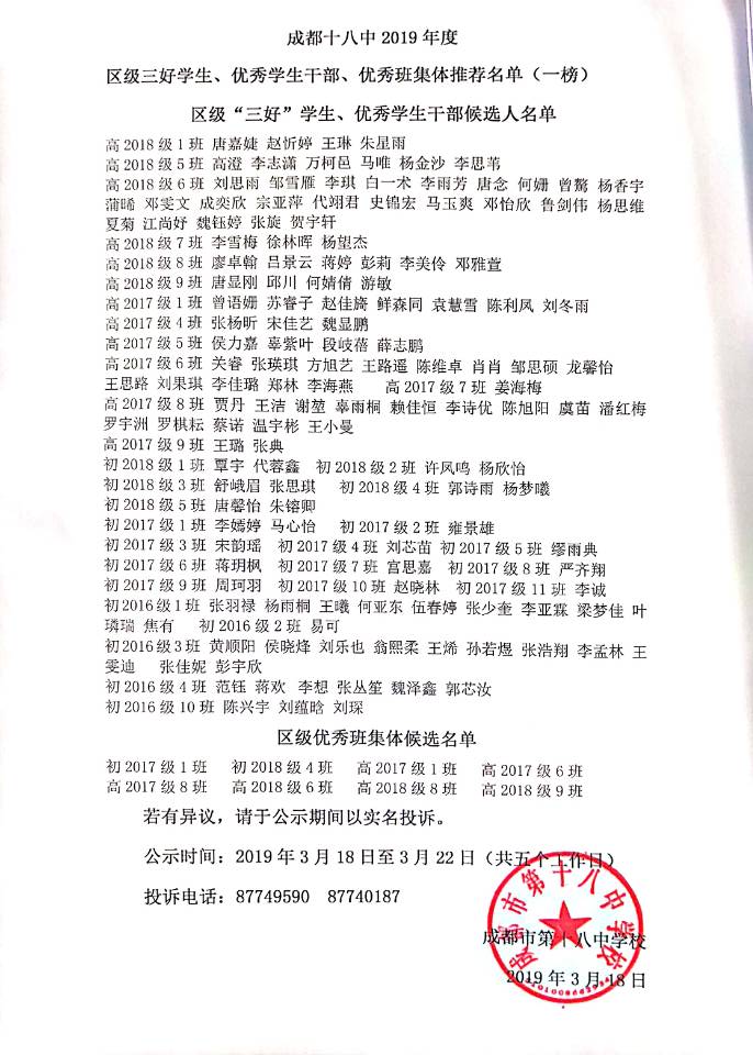 2019年度區(qū)級三好學(xué)生、優(yōu)秀學(xué)生干部、優(yōu)秀班集體推薦名單